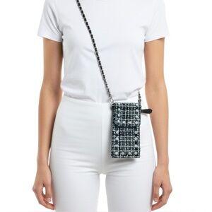 STEVE MADDEN Black & White Tweed Boucle CrossbodyPhone Bag w/ Faux Pearl Accents